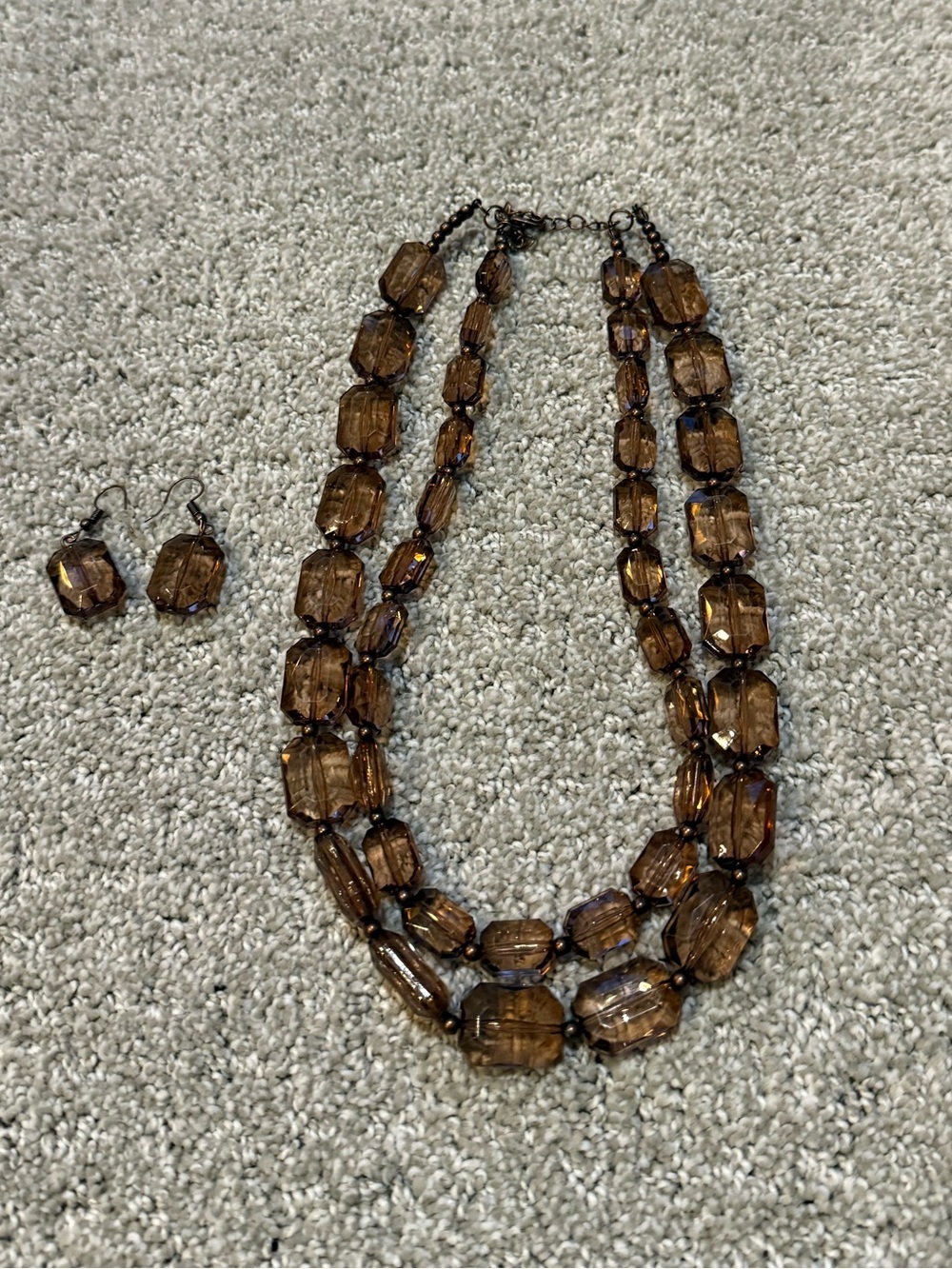 Multi-Strand Brown Glass Bead Necklace and Earrings Set